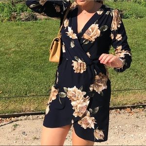 Navy Floral Mock Wrap Dress